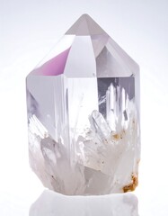 Clear crystal point formation on white. Intricate crystalline structures are visible within a pristine, multifaceted surface