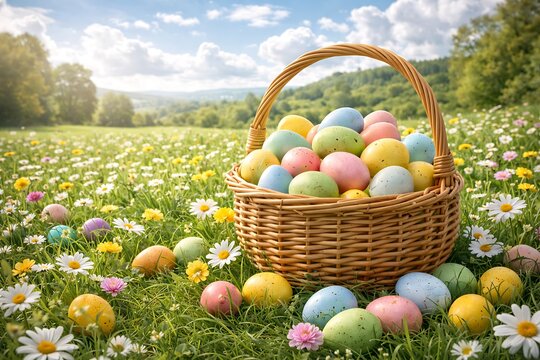 Colorful easter eggs in a wicker basket on a field of flowers