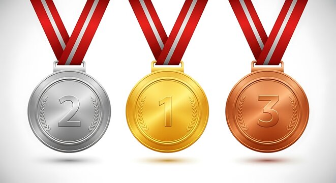 Trio of medals gold, silver, bronze. Each with red and white ribbon, numbers 1-3