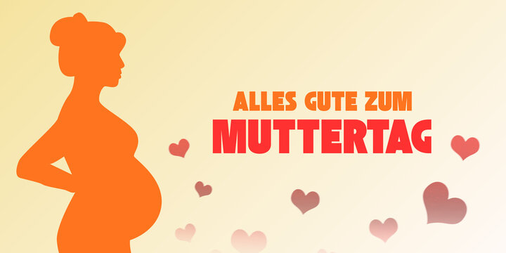 Elegant flat design for Mother&rsquo;s Day featuring a pregnant woman silhouette with warm tones and floating hearts. Includes German text &ldquo;ALLES GUTE ZUM MUTTERTAG&rdquo;. Perfect for cards and social media.
