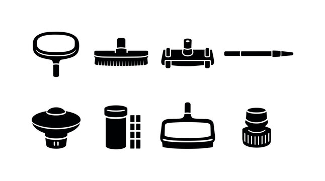 Outdoor pool maintenance tools: pool skimmer, pool brush, vacuum head, telescopic pole, chlorine floater, test strip vial, leaf rake, hose connector