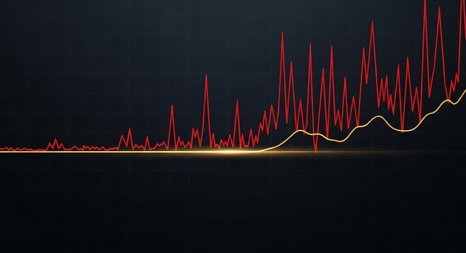 Graph Displaying Gradual Upward Trend with Red and White Lines on Dark Blue Background Illustrating Dynamic Data Movement and Delayed Response in Technology Field