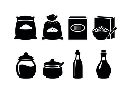 Home pantry dry goods: flour bag, rice sack, pasta box, cereal box, sugar jar, salt cellar, oil bottle, vinegar bottle