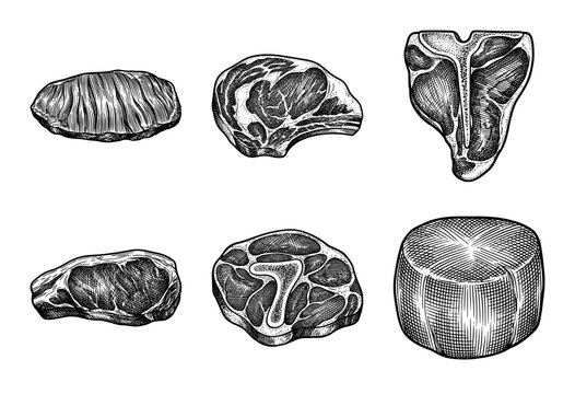 Set of vintage woodcut style beef cuts and steak illustrations featuring ribeye t-bone and sirloin for butchery and menu design
