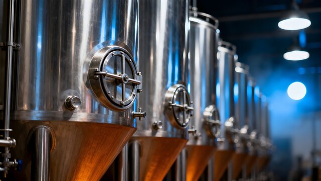 Row of gleaming stainless steel fermentation tanks standing ready inside a modern professional brewery production facility