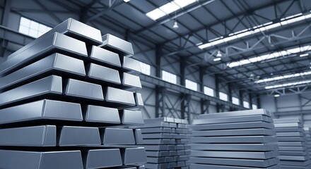 Obraz premium Organized Silver Bars Stacked in Bright Industrial Warehouse with Exposed Metal Beams and Machinery Backdrop