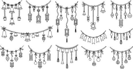 Collection of elegant festive garlands with hanging lanterns bells and decorative holiday ornaments in a clean black line art style perfect for greeting cards party invitations and seasonal home decor © Md