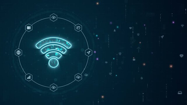 Motion graphic of WiFi symbol with global connectivity and cloud computing icons forming a digital network interface, designed for technology presentation and smart infrastructure branding