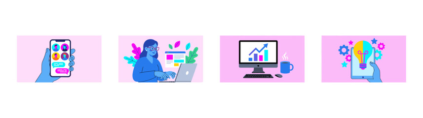 Flat Vector Remote Work and Digital Productivity Graphic Set for Business Innovation and Communication