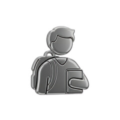 Silver 3D Male Student Icon Carrying Books with Backpack Isolated Transparent Background