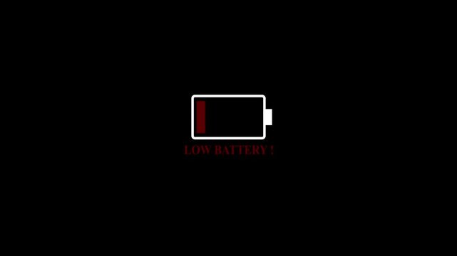 Animation of featuring low battery icon on black background. 4k video