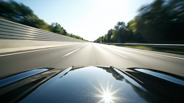 High Speed Car Road Tunnel Exit - A car speeds through a tunnel, motion blur emphasizing the speed. The bright light at the tunnel exit illuminates the road ahead, revealing a lush green landscape.