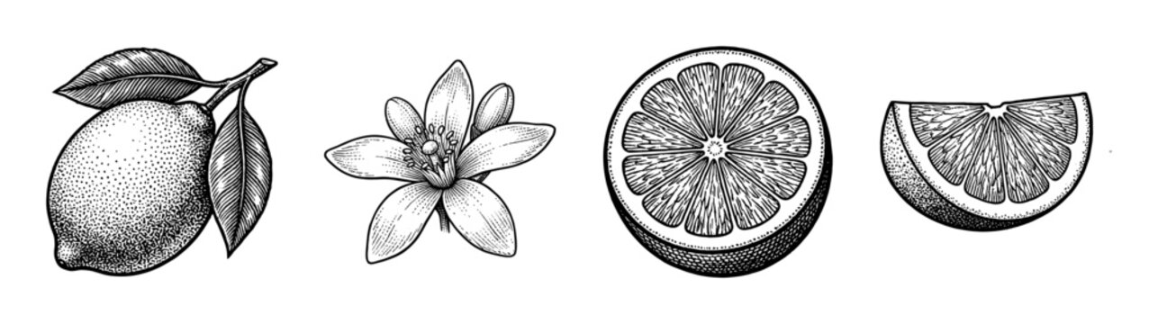 Vintage botanical engraving of lemon fruit and flower collection featuring whole fruit, blossom, half cut, and sliced wedge in a detailed stipple and line art style.
