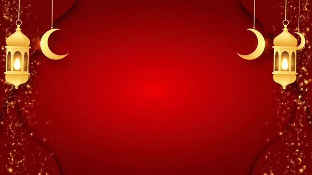 Celebrating Ramadan and Eid Mubarak with Golden Lanterns, Crescent Moons, and Sparkling Lights in a Vibrant Red Background Scene from a Front Viewpoint