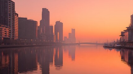Sunrise over a modern city skyline with reflections in the calm river water.