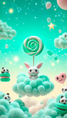 Fototapeta premium A minty bunny in the clouds of a dream, a fluffy chibi bunny surrounded by balloons, macaroons, hearts, and soap bubbles pure kawaii comfort, tenderness, and magic in pastel colors.