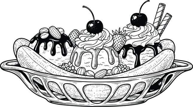 Vintage hand drawn banana split ice cream sundae with cherries nuts engraving