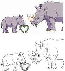 Obraz premium Children's coloring pages with a cartoon illustration of a mother and baby rhino forming a heart out of grass in both color and line art Vector for Nursery Art