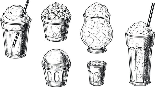 Vintage hand drawn smoothie slush and ice drink cups engraving illustration