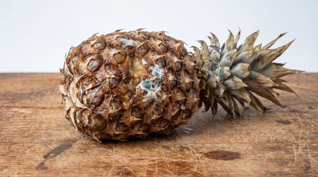 Close-up view of a spoiled and rotten pineapple covered with mould, showing signs of food decay and waste. This image highlights food spoilage, improper storage, and organic decomposition in fruits.