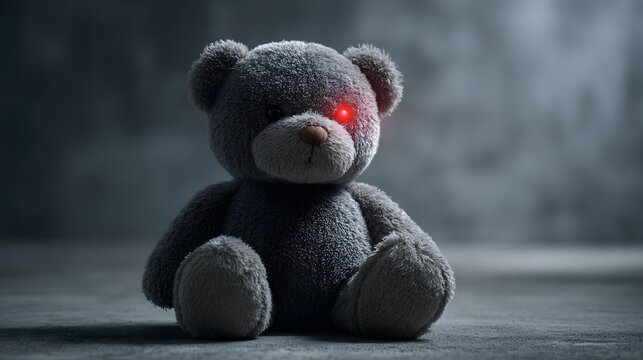 Creepy Teddy Bear with Glowing Red Eyes in a Dark Room.