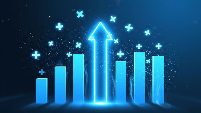 Neon Upward Arrow with Rising Bar Chart Financial Growth Animation