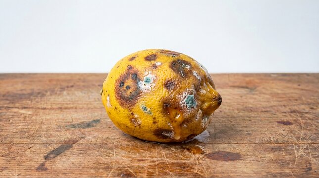 Close-up view of a spoiled and rotten lemon covered with mould, showing signs of food decay and waste. This image highlights food spoilage, improper storage, and organic decomposition in fruits.
