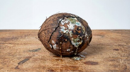Close-up view of a spoiled and rotten Coconut covered with mould, showing signs of food decay and waste. This image highlights food spoilage, improper storage, and organic decomposition in fruits.