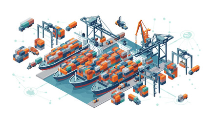 Isometric illustration of container ships being loaded and unloaded at a busy port with cranes and trucks.