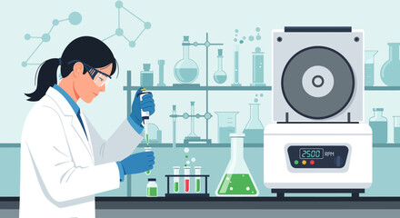A scientist in a lab coat and safety goggles carefully uses a pipette to transfer liquid into a test tube, surrounded by laboratory equipment.
