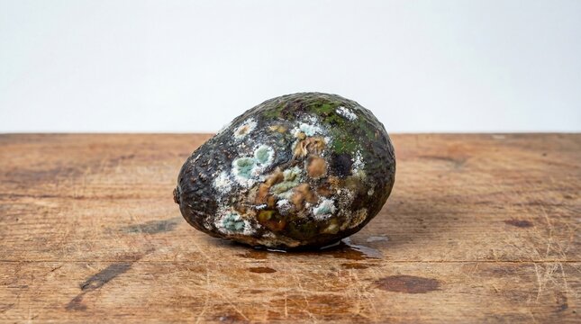 Close-up view of a spoiled and rotten avocado covered with mould, showing signs of food decay and waste. This image highlights food spoilage, improper storage, and organic decomposition in fruits.