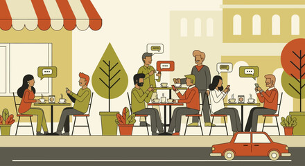 People sitting at outdoor cafe tables, interacting with smartphones and each other.