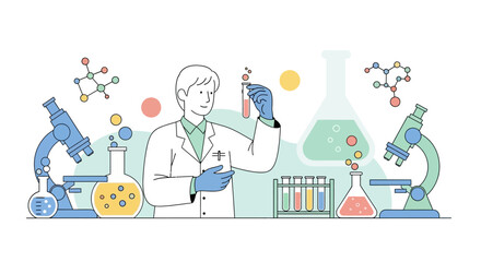 A scientist in a lab coat examines a test tube filled with a pink liquid, surrounded by scientific equipment like microscopes and beakers.