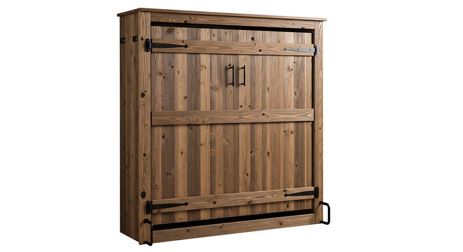 Rustic wooden folding murphy bed with cabinet doors and black metal hardware