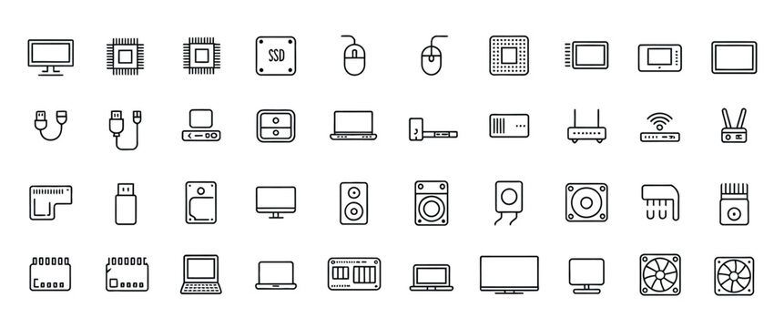 computer components line icon set, laptop ssd device motherboard cpu internet cables wifi router monitor graphics card keyboard vector icons.