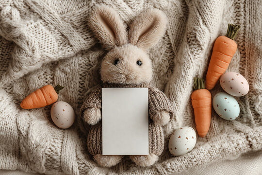 Cute bunny and pastel eggs create a warm pregnancy announcement scene