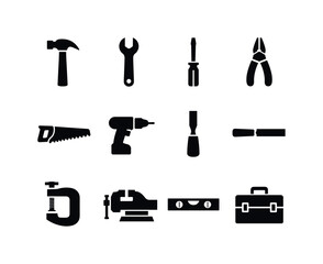 Fototapeta premium Hardware tools: hammer, wrench, screwdriver, pliers, saw, drill, chisel, file, clamp, vise, level, toolbox