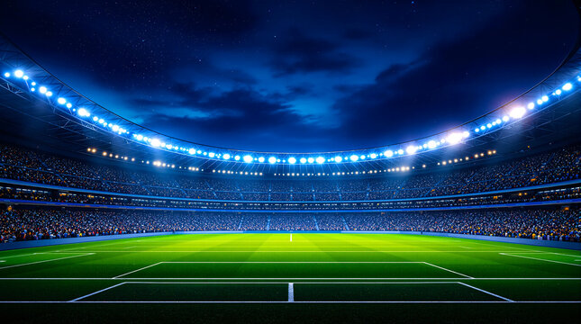 Grand Sports Stadium Lit Up at Night, Ready for a Big Game