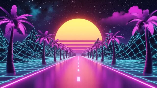 Retro Futuristic Road with Neon Lights.