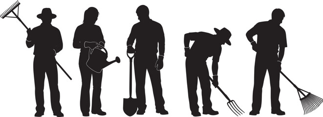 Black silhouette collection of professional gardeners and farmers using various tools like rakes shovels and watering cans isolated on white background for agricultural concepts © ShutterSpell