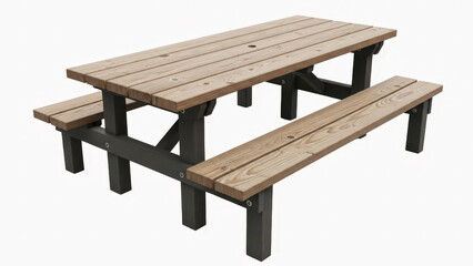 Outdoor wooden picnic table with black metal frame and benches isolated on white background