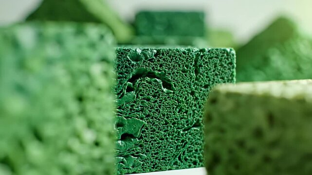 Green Eco Blocks in Soft Focus - This video showcases a collection of green eco blocks, with a central block sharply in focus highlighting its intricate texture.