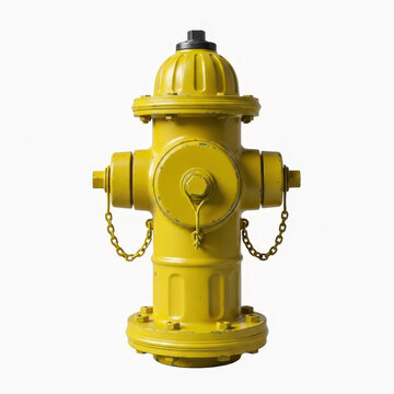 A bright yellow fire hydrant with chains and a black cap on top isolated on white background
