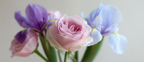 Obraz premium Delicate pink rose and purple iris flowers arranged in a soft floral bouquet