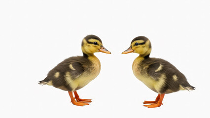 Obraz premium Two adorable ducklings standing face to face on white background