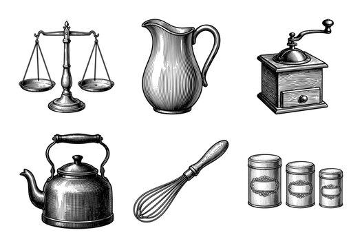 Vintage kitchenware collection featuring hand drawn engraving style illustrations of antique cooking tools and domestic utensils