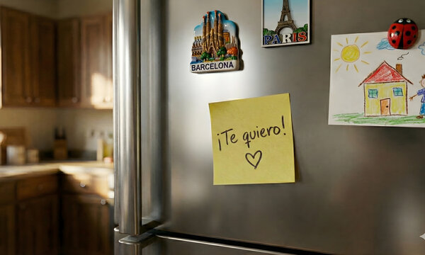 Un peque&ntilde;o detalle de amor en la rutina diaria Nota adhesiva amarilla con un mensaje de amor pegada en la nevera