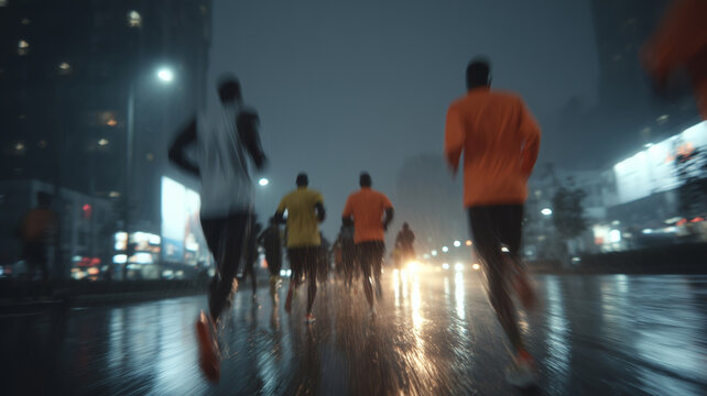Kenyan elite runners dash through city streets under rainy skies at night