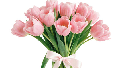 Fototapeta premium Delicate Bouquet of Pink Tulips Tied with a Ribbon isolated on transparent background