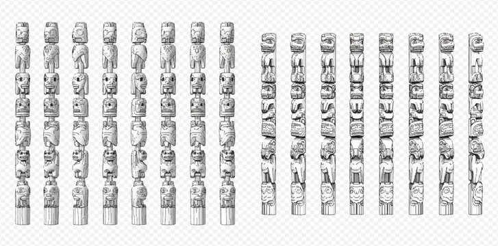 Set of ancient wooden totem poles with tribal masks and symbols in black and white sketch style.